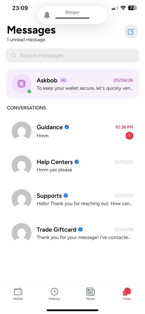 HelloBob chat screen with AskBob and support conversations.