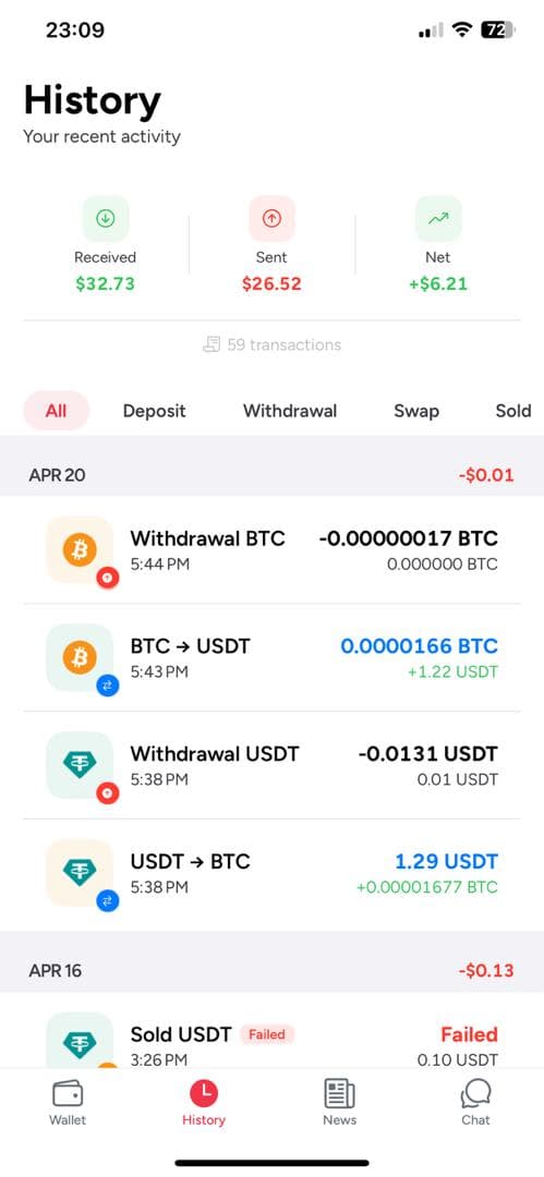 HelloBob transaction history screen.