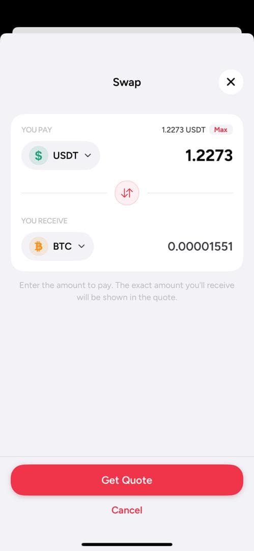 HelloBob swap screen converting USDT to BTC.