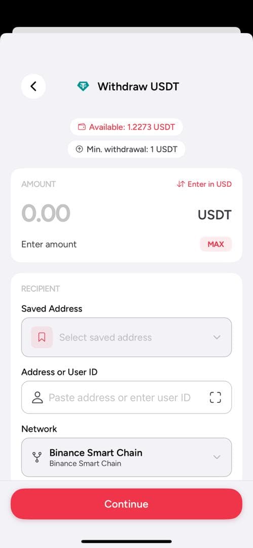 HelloBob withdraw USDT screen.